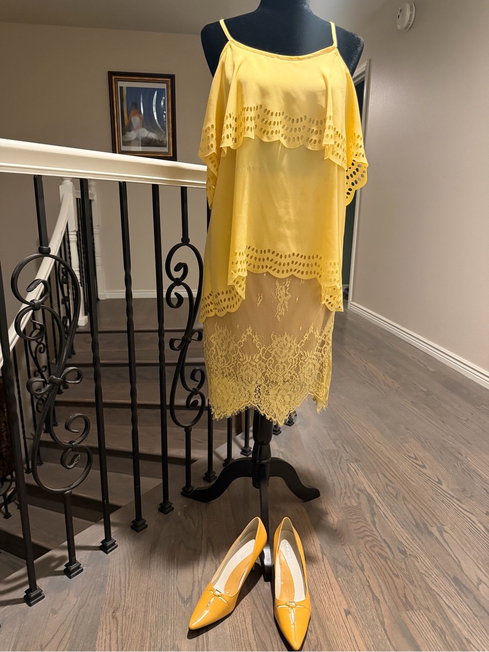 Nick & Mo Yellow Lace Layered Skirt with eyelet cold shoulder top by Vava